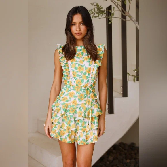 NWT Hello Molly Open Back Floral Mini Romper - Yellow, Green, White - Size Large - Picture 3 of 8